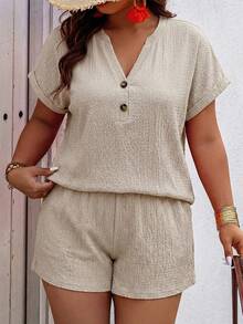 EMERY ROSE New Casual Basic Apricot Textured V-Neck Button Shorts 2-Piece Set, Plus Size - Apricot - View 4