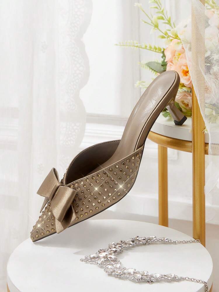 CUCCOO HITCHD Women's Autumn/Winter New Sparkling Crystal Bow Pointed Toe Kitten Heel Elegant Luxurious Romantic Sexy Burgundy Satin High Heel Mules Dress Shoes, Bridal Wedding Guest Party Formal Occasion For Christmas Wedding Shoes Summer Shoes Bride Shoes