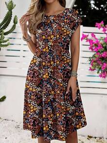EMERY ROSE Casual Loose Ditsy Floral Round Neck Short Sleeve Midi Dress For Women, Suitable For Summer,Casual - Multicolor - View 5
