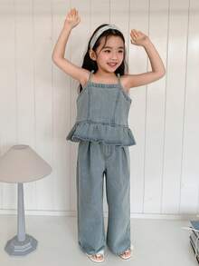 DAZY Young Girl (Small) Denim Strap Top & Ruffled Hem Distressed Jeans 2 Pieces Set - Blue - View 2
