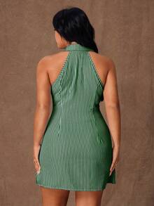 Rustia Plus Size Women Striped Knight Print Single-Breasted Sleeveless Casual Shirt Dress - Army Green - View 2