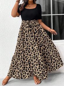 SHEIN Frenchy Plus Size Solid Color Leopard Patchwork Simple Daily Short Sleeve Dress For Women Fall Clothes - Multicolor - View 2