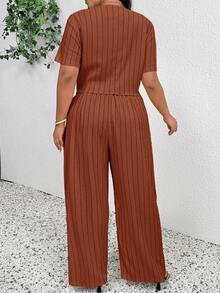 SHEIN Frenchy Bộ đồ 2 mảnh kẻ sọc tối giản, đa năng, phong cách mùa xuân/hè dành cho nữ, áo blazer và quần tây, thích hợp cho mùa thu/đông. - trái cam - Xem 2