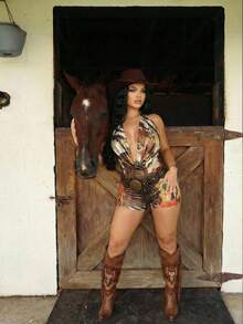 SHEIN SXY Women's Sexy Vacation Snake Skin & Floral Print Deep Draped Neck Backless Halter Romper, Summer,Carnival,Party,Rave Outfit ,Summer, Spring,Beach,Going Out,Vacation,Leopard Print ,Cheetah Print - Multicolor - View 1