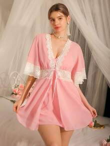 性感吊带睡裙睡袍两件套女士睡衣套装 - 粉色 - 查看 3