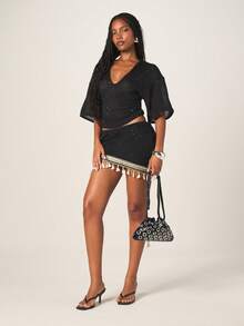 MISSGUIDED Sparkly Deep V-Neck Crop Top With Ruched Side Details And Three Quarter Sleeves For Evening Parties And Night Out - Black - View 4