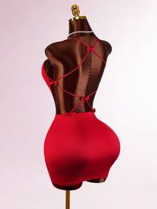 Amplova 2026 Nouvelle robe mini moulante sexy avec accent nœud dans le dos, style romantique rebelle pour femmes - Rouge - Voir 3