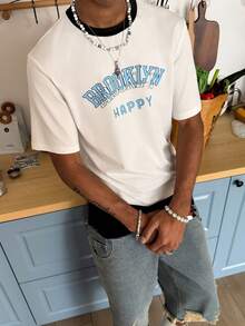 STEELVANCE 男士休闲度假通勤字母印花撞色滚边圆领短袖T恤，夏季 - 白色 - 查看 3