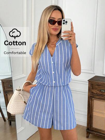 Easowa Pantalones cortos de algodón a rayas azules y blancas para mujer, adecuados para uso casual, vacaciones, uso diario y viajes, primavera/verano