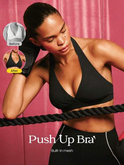 GLOWMODE FeatherFit™塑形，自信运动，如黄油般柔软弹力，内置网眼，可拆卸罩杯，露背设计，聚拢式挂脖运动文胸，中等强度训练跑步健身服