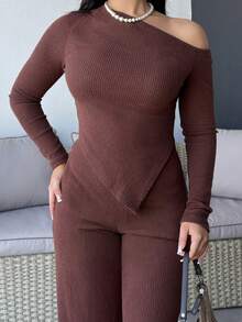 Vassilux Women's Casual Asymmetrical Shoulder Fuzzy T-Shirt + Wide Leg Low Waist Pants 2 Pieces Set, Winter Fall Cloth For Women - Brown - View 4
