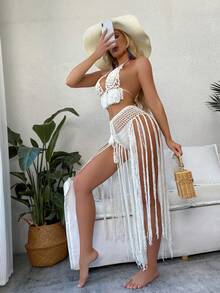 Swim Vcay Set de 2 piezas Cubrecostillas de bikini blanco hecho a mano a ganchillo, para el verano - Blanco - Ver 6