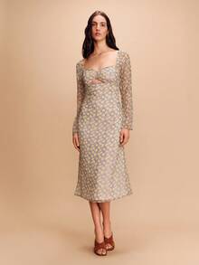 lacRébo Daisy Print Chiffon Long Sleeve Midi Dress With Cut Out Detail Spring Summer Boho Flower Dress Date Night Dress Vacation Dress French Style Parisian Style - Multicolor - View 5