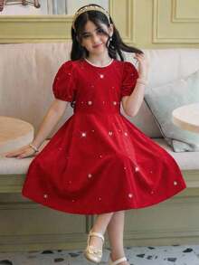 SHEIN 少女休闲优雅珍珠装饰泡泡袖拼接喇叭连衣裙，红色，春夏款 - 酒紅色 - 查看 4