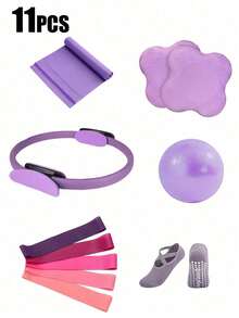 11套瑜伽和普拉提锻炼套装 - 家用女性健身器材 - 包括臀部阻力带拉伸器、迷你普拉提瑜伽球、瑜伽袜、拉伸带、力量训练片、瑜伽护膝垫。适合在家锻炼腿部、手臂和大腿等部位。 - 彩色 - 查看 9