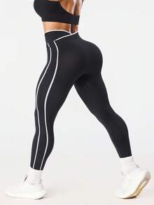 Dewbera 1pc Moisture-Wicking Contrast Color Basic Seamless Sports Pants, Suitable For Fitness, Yoga - Multicolor - View 2