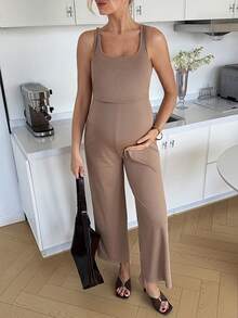 SHEIN Maternity Solid Color Square Neck Ribbed Casual Nursing Jumpsuit - Brown - View 12