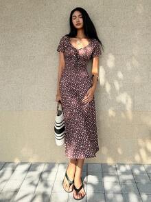 SHEIN Unity Women's Casual Ditsy Floral Round Neck Dress, Summer - Coffee Brown - View 5