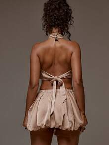 MUSERA Satin High Neck Flounce Hem Sleeveless Crop Top Spring Summer Holiday Vacation Beach Ibiza Festival Party Elegant Divinity - Khaki - View 2