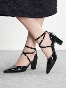 CUCCOO BIZCHIC 女士新款黑色漆皮尖头交叉绑带时尚高跟鞋，情人节约会百搭之选 - 黑色 - 查看 3