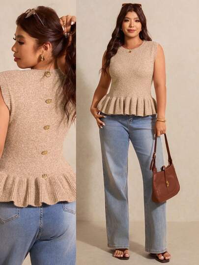 Elaquor Plus Size Women Crew Neck Ruffle Hem Back Button Design Knitted Vest