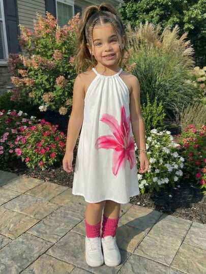 SHEIN 女童白色碎花吊带A字连衣裙，可爱时尚百搭，适合外出、度假、拍照等场合