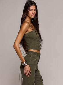 MUSERA Buckle Front Detail Fitted Cropped Denim Corset Top Spring Summer Sexy Date Night Club Festival Holiday Night Out Vacation Soul Ties - Army Green - View 3