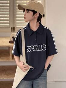 Dazy Kids Áo thun nam dáng rộng, in chữ và sọc bên hông, thích hợp mặc mùa hè. - Màu xanh hải quân - Xem 2