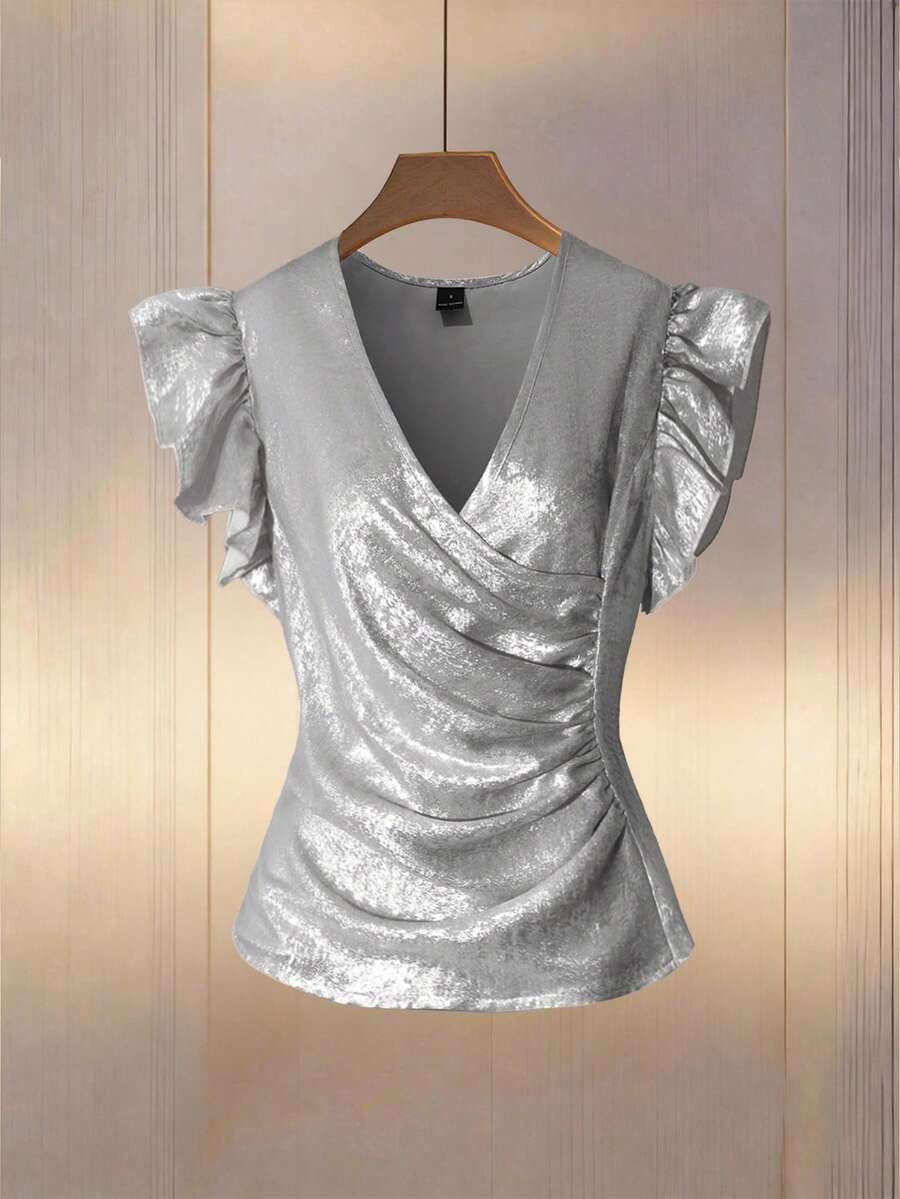 Modelyn Blusa con escote en V con solapa metálica, mangas con volantes y pliegues laterales para mujer - Albaricoque - Ver 1