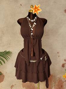 Sunspun Plus Size Women Sexy Halter Neck Camisole & Mini Skirt 2 Pieces Set - Coffee Brown - View 4