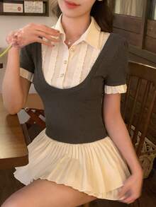 DAZY 女士翻领撞色韩版时尚拼布T恤 夏季 - 灰色 - 查看 4