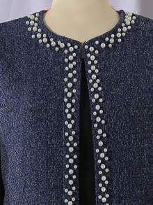 优雅时尚圆领常规肩长袖短款粗花呢外套搭配高腰宽松直筒裤套装，少女款 - 藏蓝色 - 查看 6