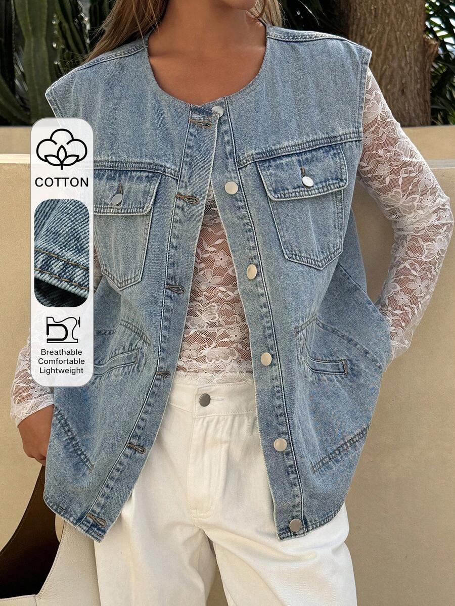 DAZY Women's Round Neck Sleeveless Open Front Pocket Decor Urban Casual Denim Blouse - Light Wash - View 1