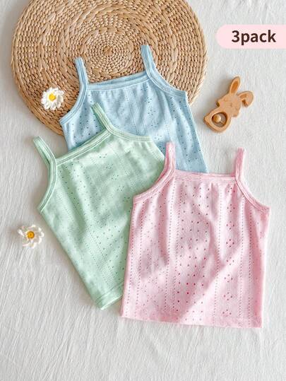 SHEIN 3件套女婴提花吊带背心。无袖设计，清爽透气，可爱时尚，马卡龙粉彩系列，甜美又显身材。面料柔软舒适，休闲可爱风格，适合春夏外出、户外玩耍、度假、日常穿着和旅行。