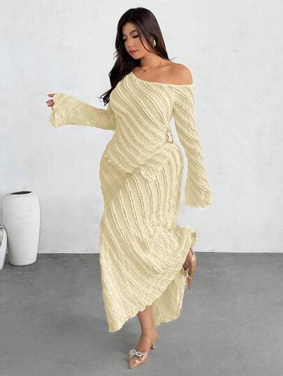 Firerie طقم أنيق من قطعتين، ملابس علوية كم طويل ذات ياقة غير متماثلة وتنورة، بلون أحادي للمقاسات الكبيرة