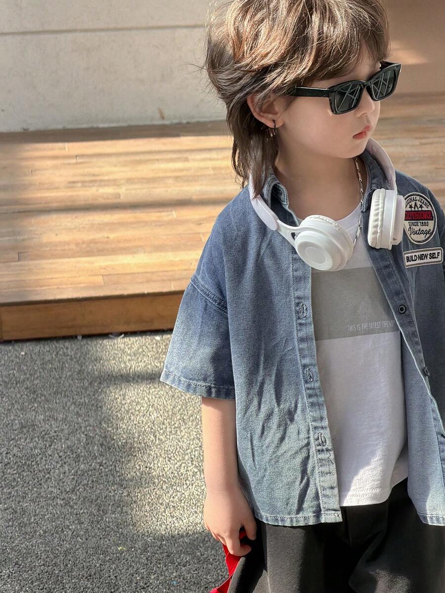 DAZY Young Boy Letter Print Front Button Casual Denim Shirt - Blue - View 1