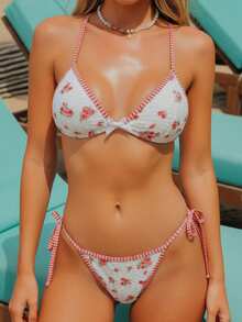 Swim Mod Conjunto de bikini de 2 piezas con estampado de rosas y escote halter en tela de encaje para mujeres, estilo sexy de vacaciones, traje de baño a juego de chica dulce para primavera/verano - Multicolor - Ver 1