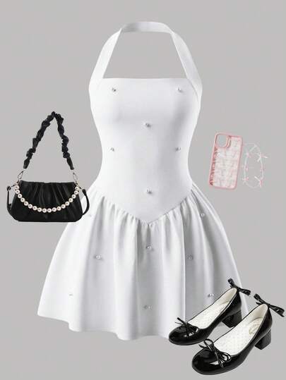 SHEIN Girlism Tween Girls Casual Elegant White Beaded Detail Knit Spaghetti Strap Snug Fit A-Line Mini Dress, Waist Cinched, Suitable For Valentine's Day Party, Outing, Back To School Outfit