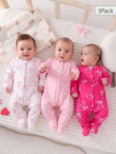 Newborn Baby Pajamas  - 3-Pack Combo, Sweet And Adorable Style With Popular Bow And Heart Elements, Pink Tones Loved By Girls, Footed Rompers For Everyday All-Season Home Wear. Sleeping Wear Baby Long Sleeve Sleeping Bag Baby Girl