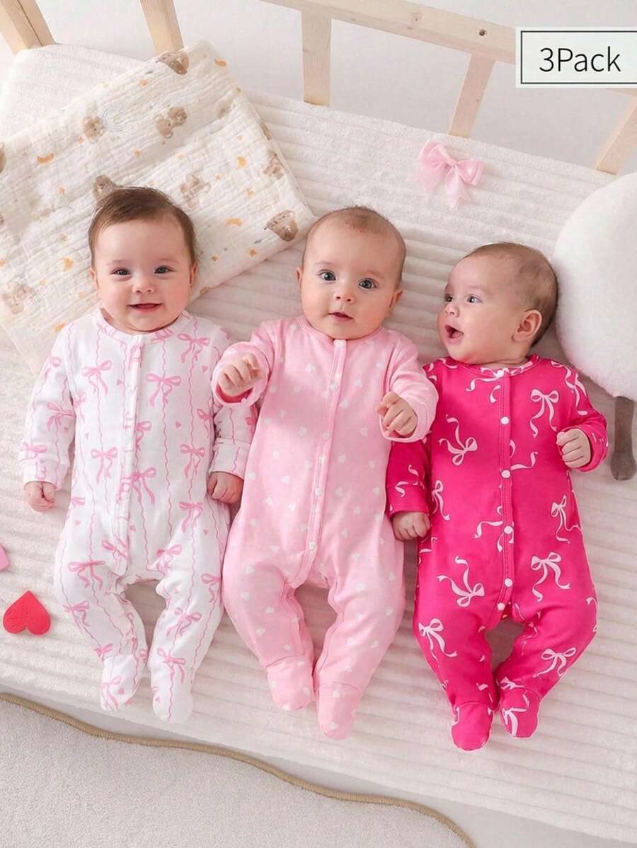 Bộ 3 món áo liền quần dài tay họa tiết trái tim dễ thương cho bé sơ sinh, trang phục mặc nhà thời trang và ngọt ngào. - Nhiều màu - Xem 1