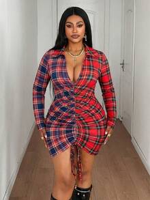 Maweii Plus Size Women Sexy Elegant Plaid Patchwork Drawstring Long Sleeve Mini Dress - Multicolor - View 3