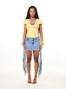 SUMWON WOMEN Graphic Script Print Lace Up Detail Crop Top With Short Sleeves And Scoop Neckline - Yellow - View 3