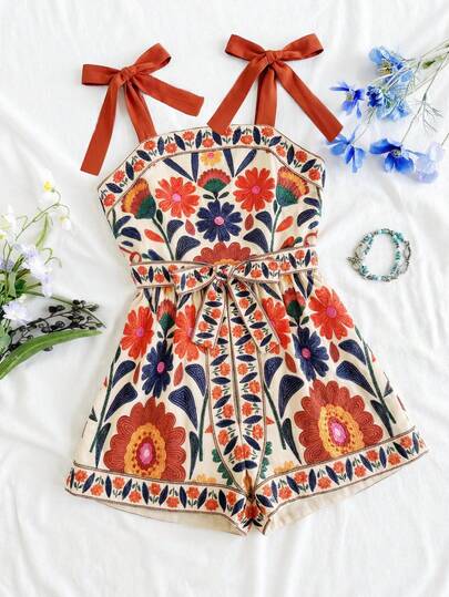 SHEIN Tween Girls' Casual Vacation Summer Colorful Floral Bow Decor Camisole Crop Jumpsuit, Suitable For Beach, Music Festival, Mother-Daughter Matching