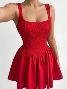 SHEIN SXY Red Elegant Lace Patchwork Mini Dress, Birthday Dress,Summer, Spring,Valentine's Day,Red,Beach,Wedding ,Elegant ,Ruffles,Sundress,Formal Dress, Red Homecoming Dress, Red Party Dress, Red Sexy Dress, Red Short Dress, Red Mini Dress Red Cocktail Dress Red Dress Sexy Red Dress - Bright Red - View 4