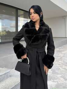 Vassilux Áo khoác len pha trộn màu trơn cổ lông dài tay thanh lịch cho nữ, Áo khoác cổ điển Quần áo mùa đông thu đông cho nữ Trang phục dự tiệc Halloween cho nữ Trang phục hòa nhạc mùa đông cho nữ Áo khoác lông thời trang và ấm áp, thích hợp cho các bữa tiệc và chuyến đi chơi - màu đen - Xem 5