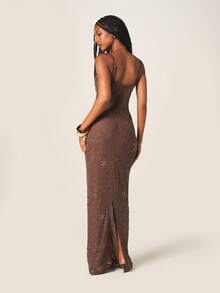 MISSGUIDED Women's Embellished Maxi Dress With Star Rhinestone Beading Pattern Spaghetti Strap Evening Gown Bodycon Formal Party Dress - Coffee Brown - View 3