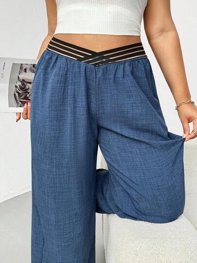 SHEIN Essnce 大码女装春夏时尚休闲宽松舒适日常百搭显瘦弹力腰带蓝色阔腿裤，女式下装，春季穿搭，宽松裤