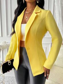 Eryvara 1 件女士纯色缺口翻领长袖工作办公室西装外套秋季女士西装外套套装女士西装外套女士西装外套 - 黃色 - 查看 7
