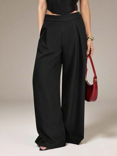 SHEIN PETITE Women's Solid Color Straight Leg Pleated Pocket Loose Casual Pants Black Pants Wide Leg Pants Loose Pants Black Dress Pants, Fall