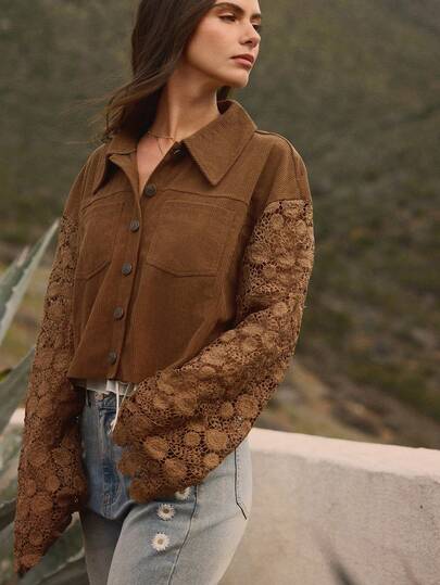 WESTFADE Corduroy And Crochet Collared Button Front Relaxed Fit Shirt Jacket Shacket Spring, Summer, Vacation, Resort Wear, Cute, Casual, Boho, Nashville, Cowgirl, Stagecoach, Coachella, Festival, Western Wear, Beach